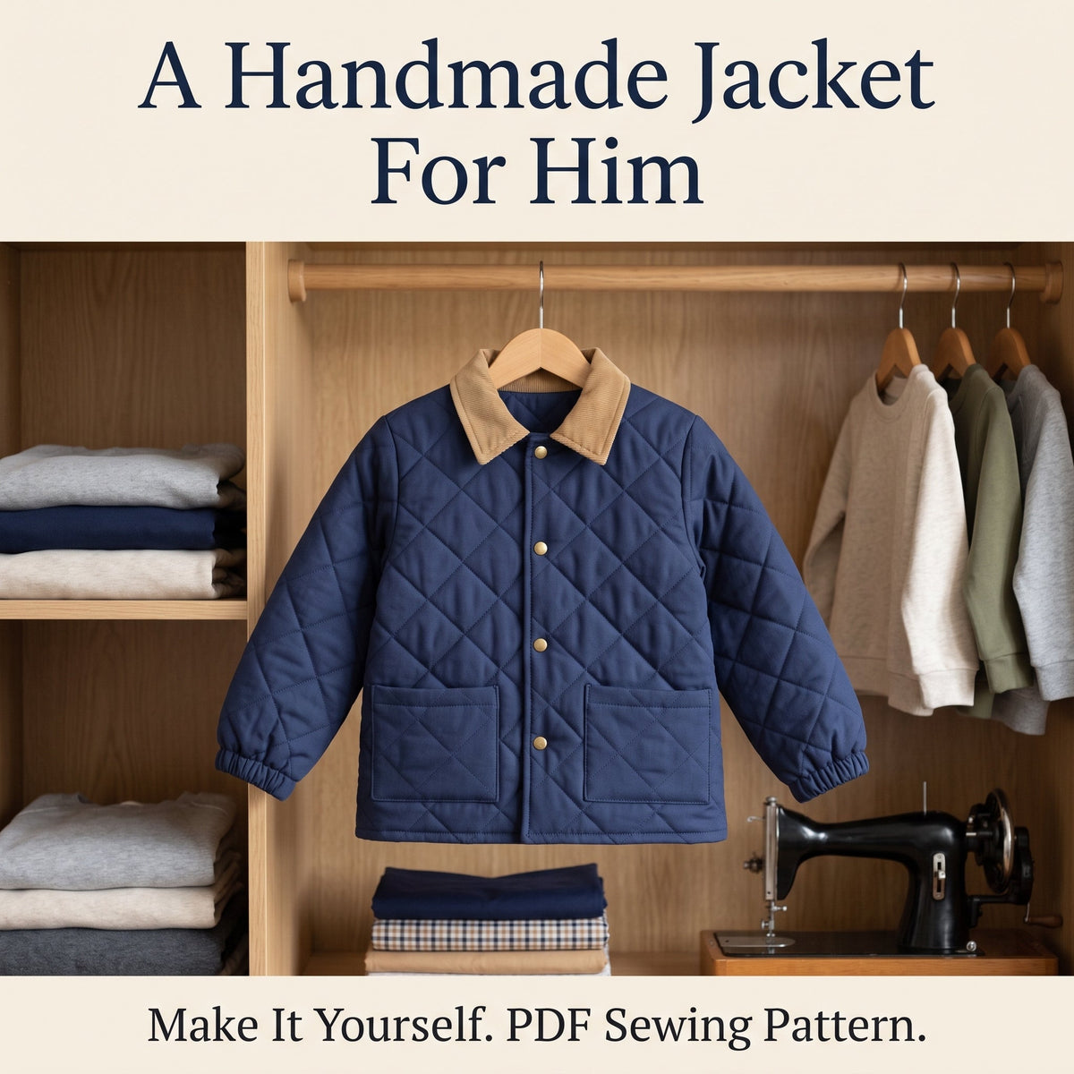 Classic Quilted Jacket Sewing Pattern for Kids – Corduroy Collar, Snap Front – Sizes 2–12 – PDF