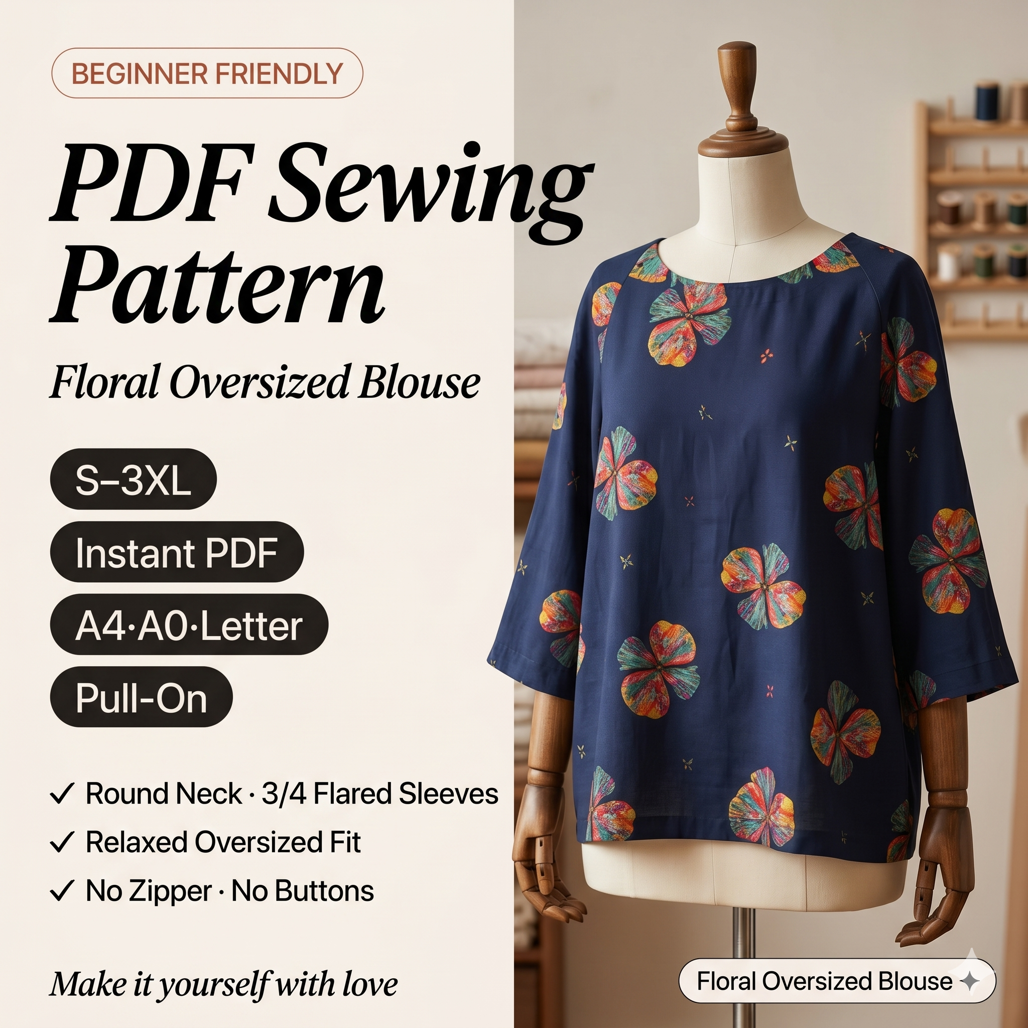 Floral Cotton Shirt – Instant Download PDF Sewing Pattern