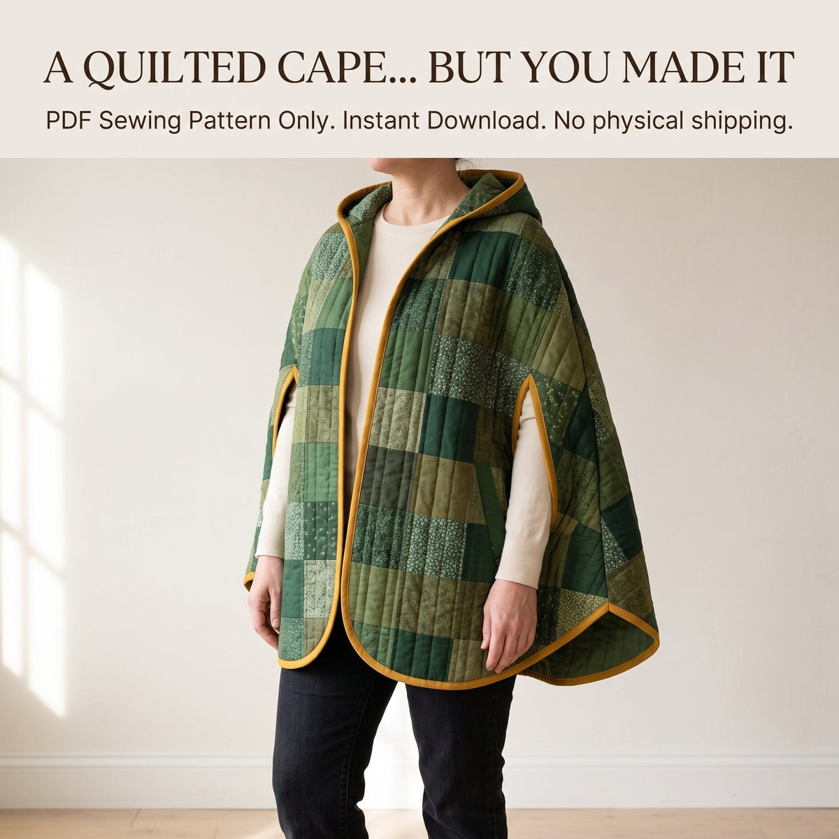Hooded Patchwork Cape Sewing Pattern PDF – Green Quilted Cape with Arm Slits and Bias Binding