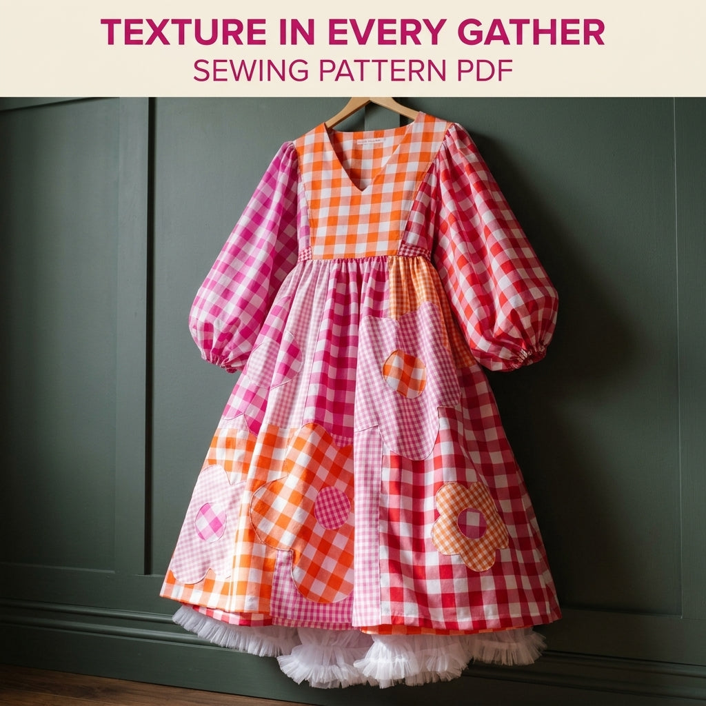 Gingham Flower Patchwork Dress Sewing Pattern PDF – Balloon Sleeve Midi Dress