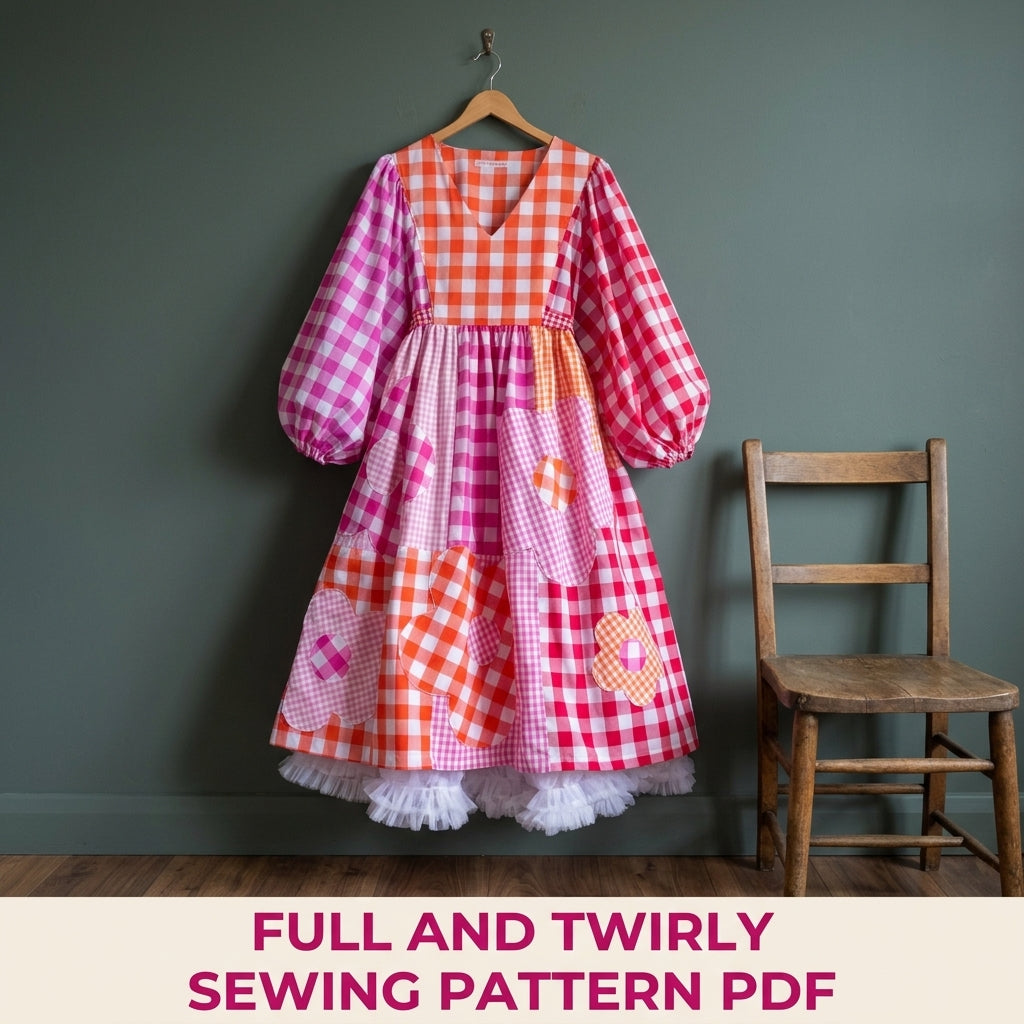 Gingham Flower Patchwork Dress Sewing Pattern PDF – Balloon Sleeve Midi Dress