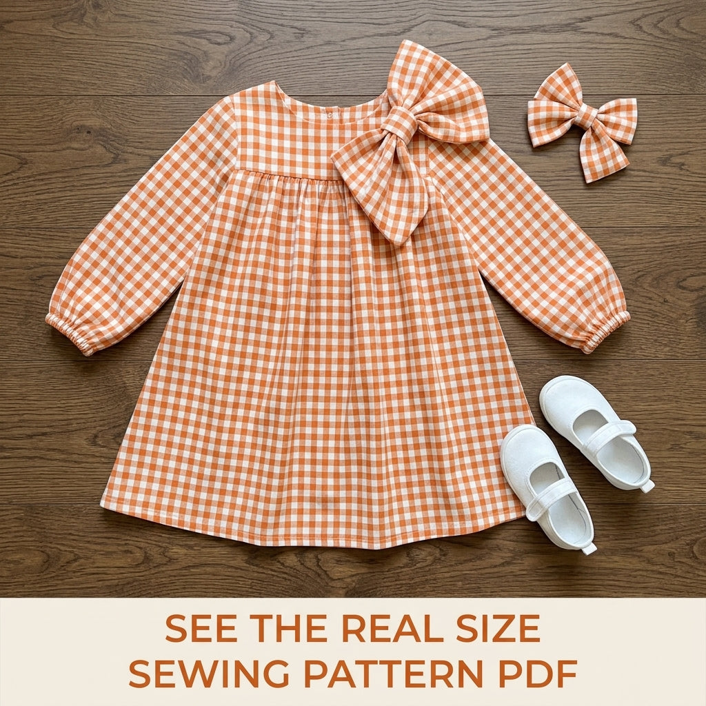 Girls Gingham Bow Dress Sewing Pattern PDF – Gingham Dress with Big Bow