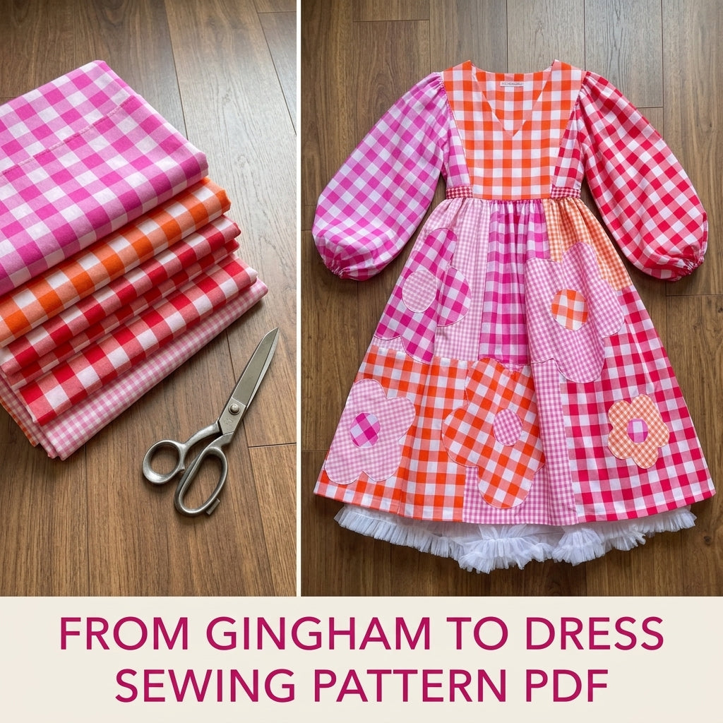 Gingham Flower Patchwork Dress Sewing Pattern PDF – Balloon Sleeve Midi Dress
