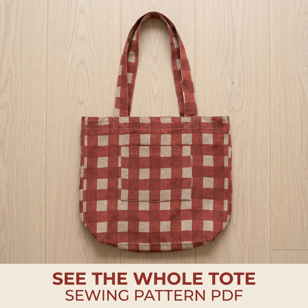 Gingham Tote Bag Sewing Pattern PDF – Linen Tote with Patch Pocket