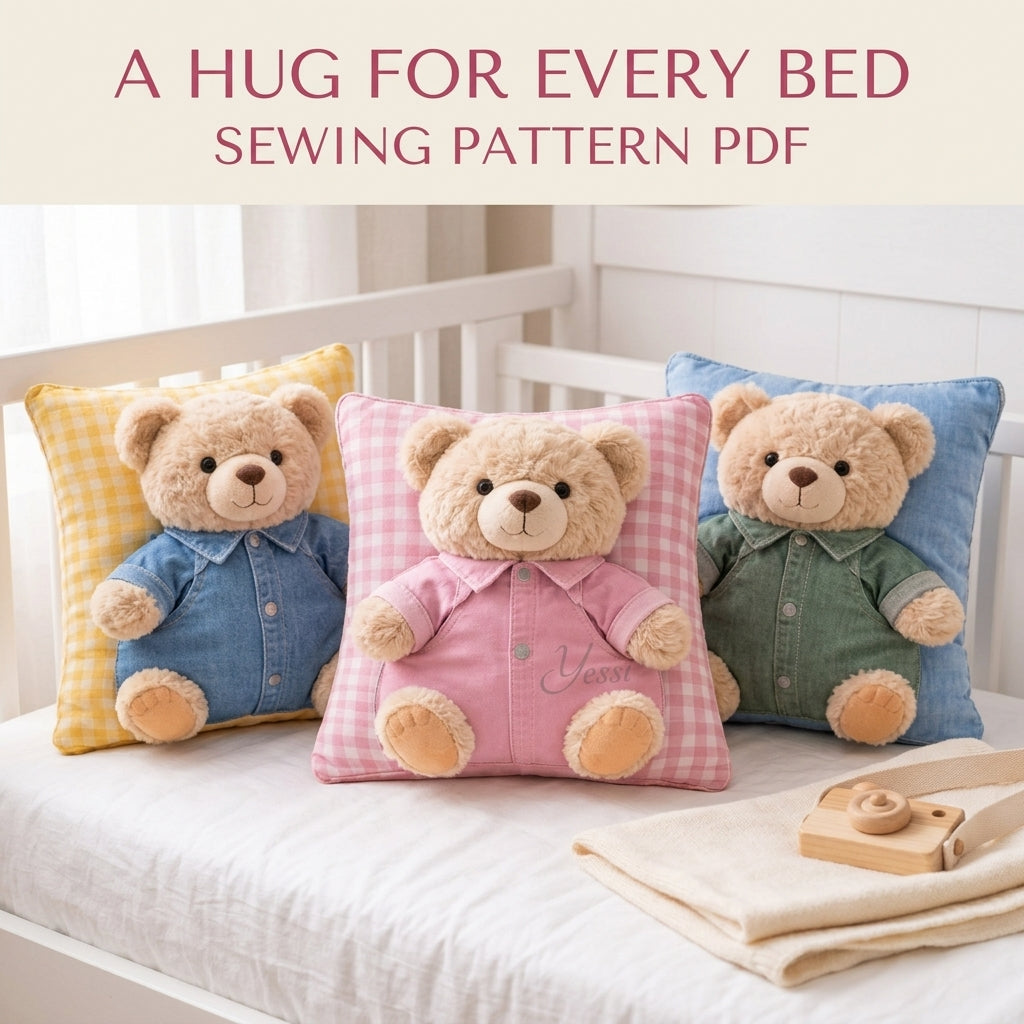 Teddy Bear Pocket Pillow Sewing Pattern PDF – Nursery Pillow with Plush Bear