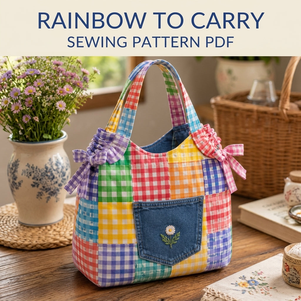 Gingham Patchwork Tote Sewing Pattern PDF – Scrappy Bag with Jeans Pocket
