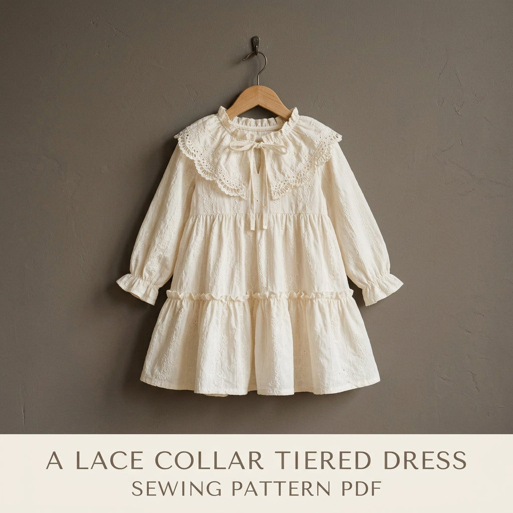 Girls Tiered Dress Sewing Pattern PDF – Eyelet Dress with Lace Collar