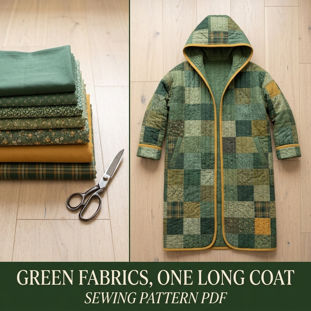 Hooded Quilted Duster Coat Sewing Pattern PDF – Knee-Length Patchwork Quilt Coat with Bias Binding
