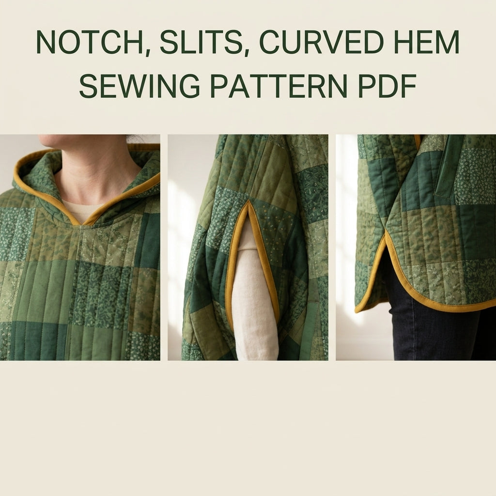 Quilted Poncho Sewing Pattern PDF – Hooded Patchwork Pullover Poncho with Arm Slits and Bias Binding