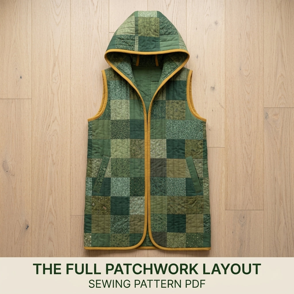 Long Hooded Quilted Vest Sewing Pattern PDF – Knee-Length Patchwork Vest with Pockets and Binding