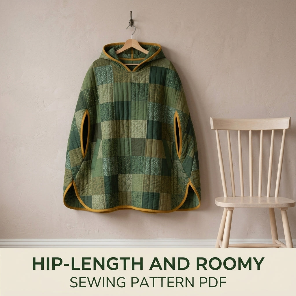 Quilted Poncho Sewing Pattern PDF – Hooded Patchwork Pullover Poncho with Arm Slits and Bias Binding