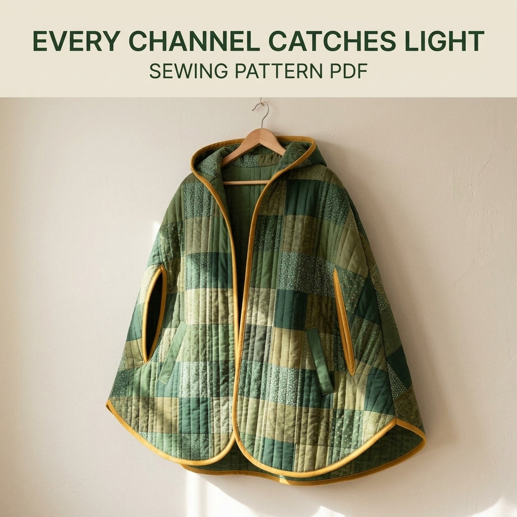 Hooded Patchwork Cape Sewing Pattern PDF – Green Quilted Cape with Arm Slits and Bias Binding