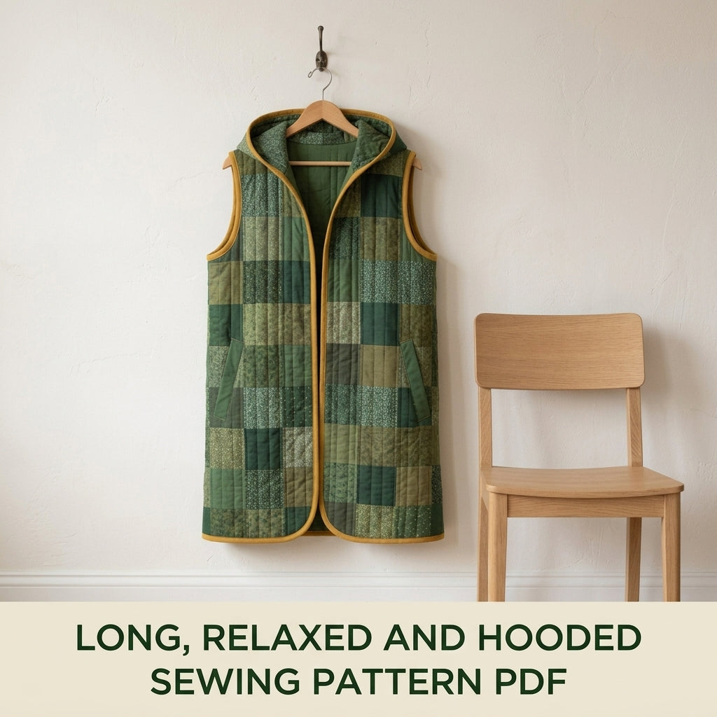 Long Hooded Quilted Vest Sewing Pattern PDF – Knee-Length Patchwork Vest with Pockets and Binding