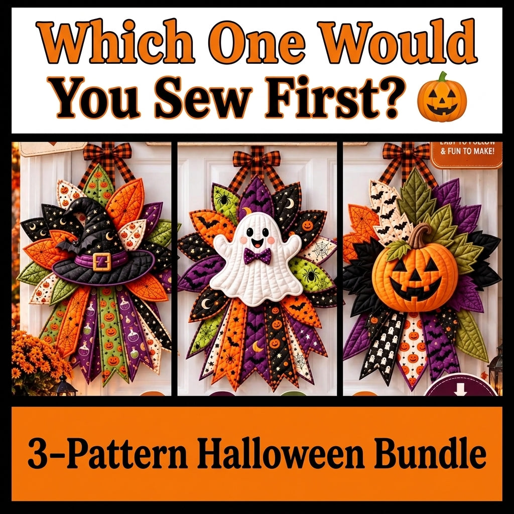 Halloween Door Hanger Patterns — 3 Quilted Fabric Designs in One PDF, Witch Hat, Ghost and Pumpkin, Beginner Friendly