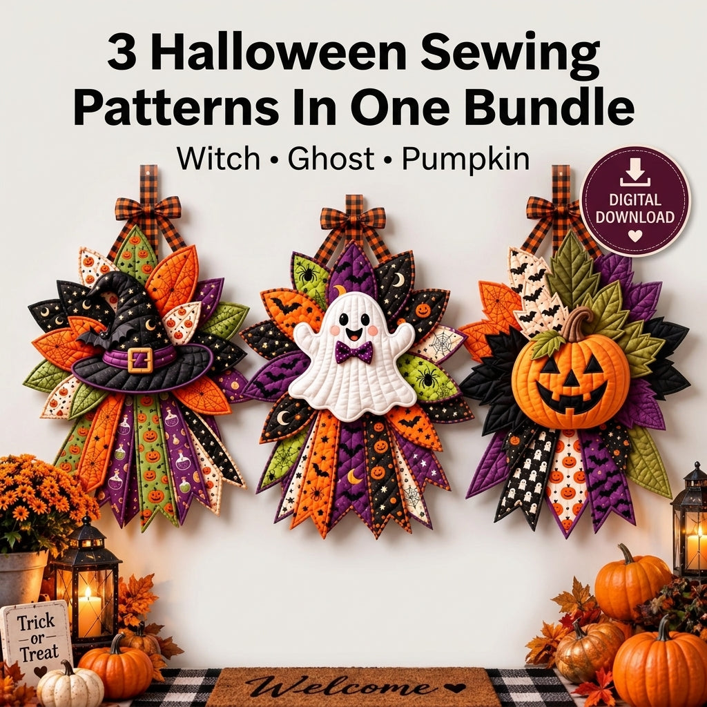 Halloween Door Hanger Patterns — 3 Quilted Fabric Designs in One PDF, Witch Hat, Ghost and Pumpkin, Beginner Friendly