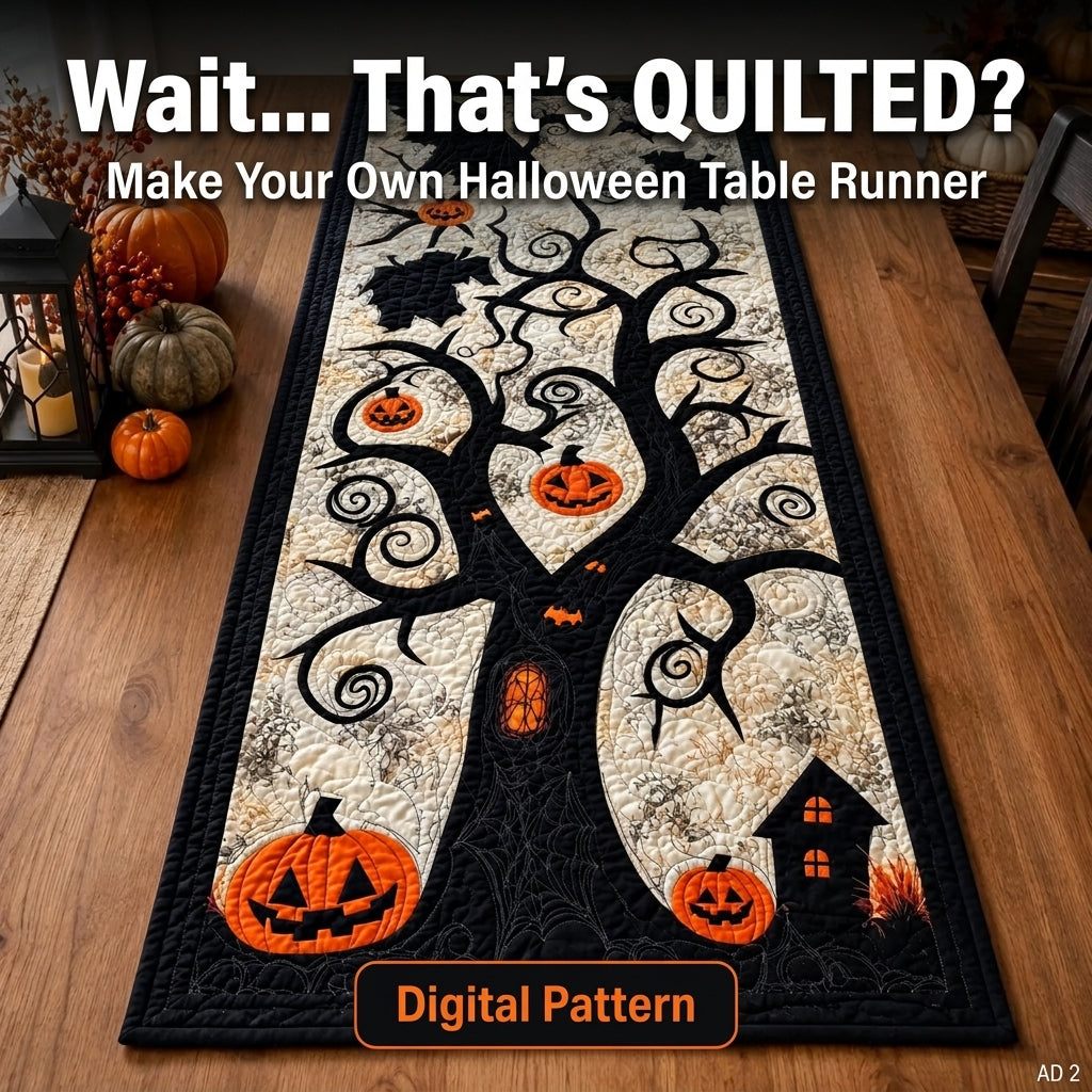 Halloween Table Runner PDF Quilt Pattern | Appliqué Spooky Tree with Jack-O'-Lanterns & Bats | Intermediate Quilting Project | Instant Download