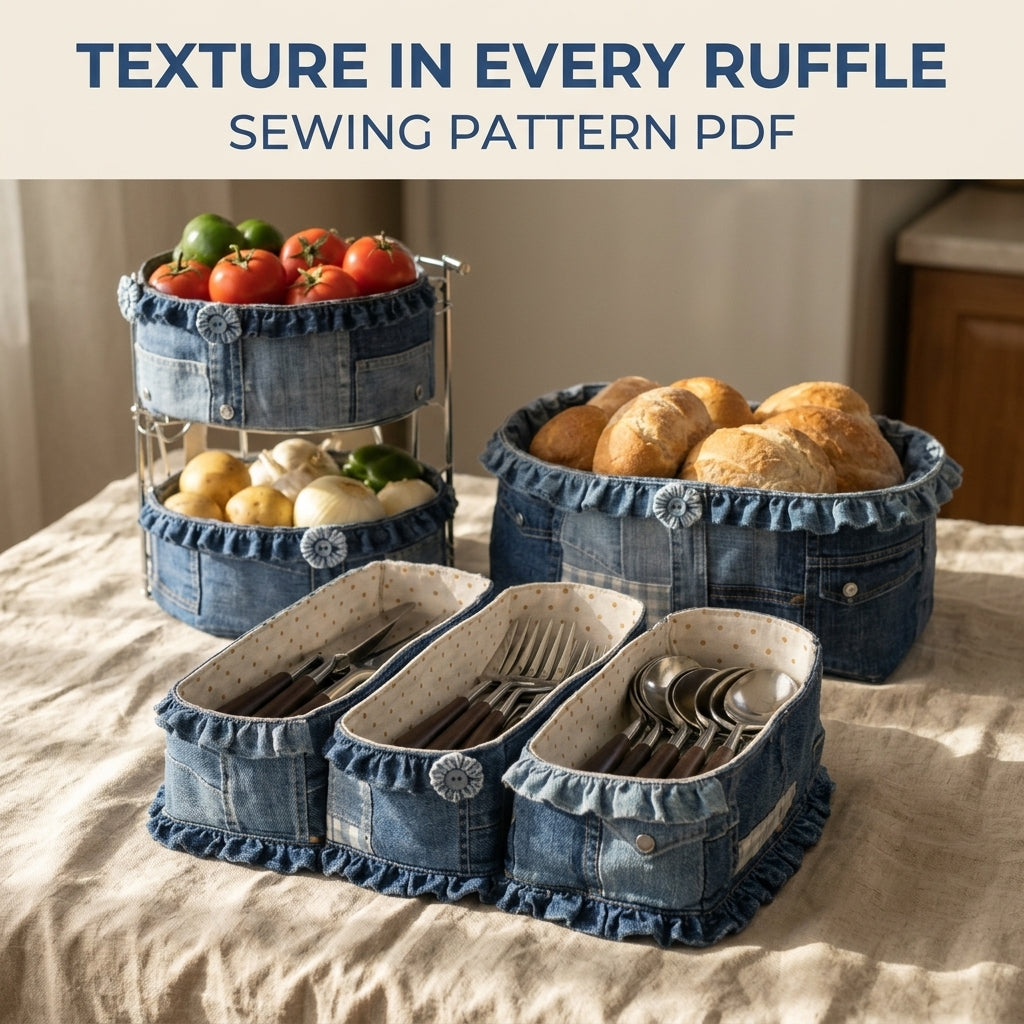 Ruffled Denim Kitchen Basket Set Sewing Pattern PDF – Bread Basket and Cutlery Trays