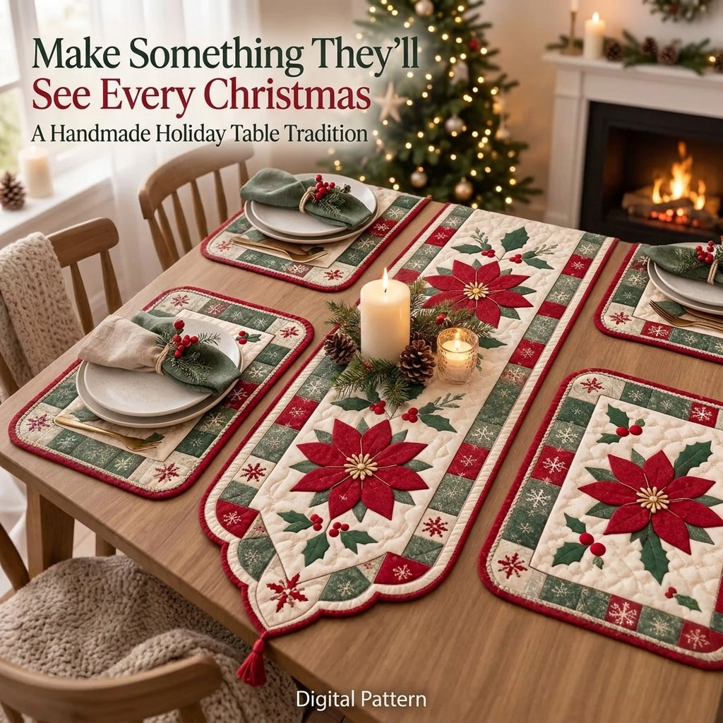 Poinsettia Christmas Table Runner & Placemats Quilt Pattern | Appliqué Runner Plus 4 Placemats | Scandinavian Holiday Table Set | PDF Instant Download