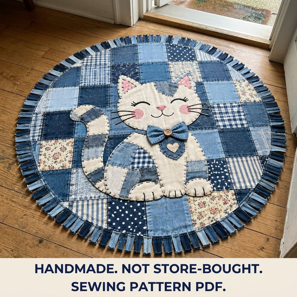 Denim Patchwork Cat Round Rug Sewing Pattern PDF – Upcycled Jeans Cat Rug