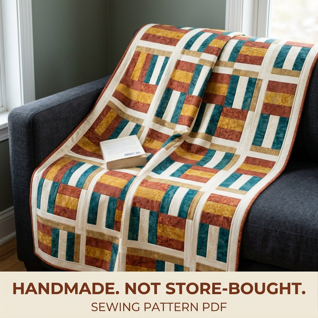Modern Woven Quilt Pattern PDF – Basket Weave Strip Throw Quilt in Rust, Gold and Teal