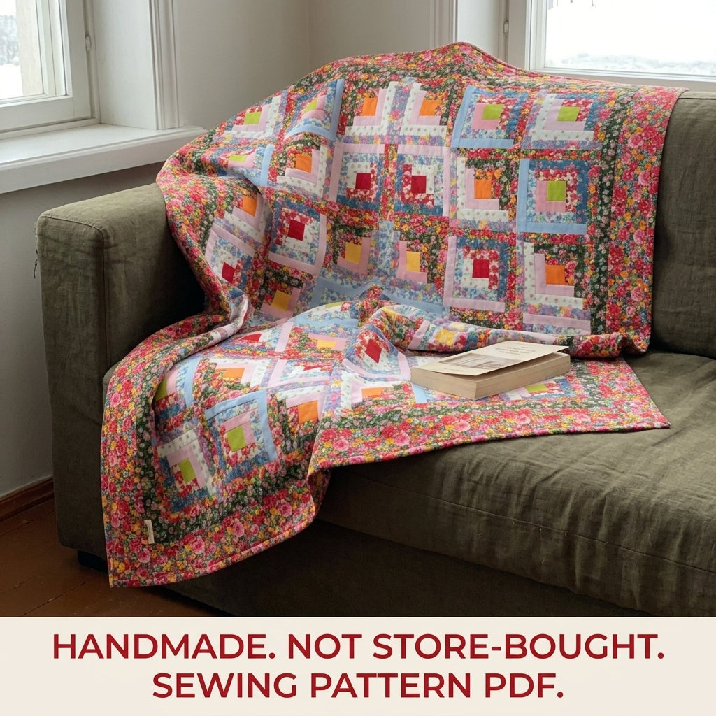 Bright Floral Log Cabin Quilt Sewing Pattern PDF – Classic Log Cabin with Rose Border