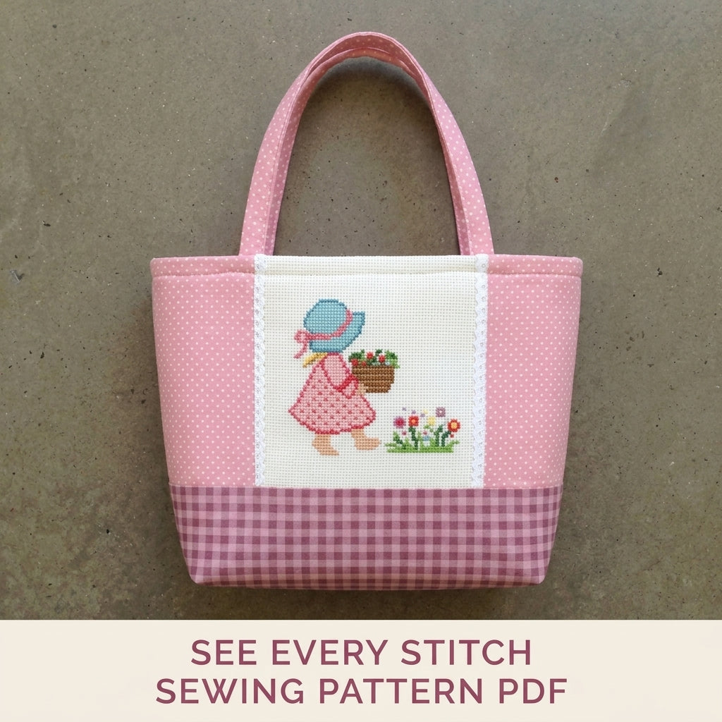 Sunbonnet Girl Cross-Stitch Tote Sewing Pattern PDF – Small Tote with Stitched Panel