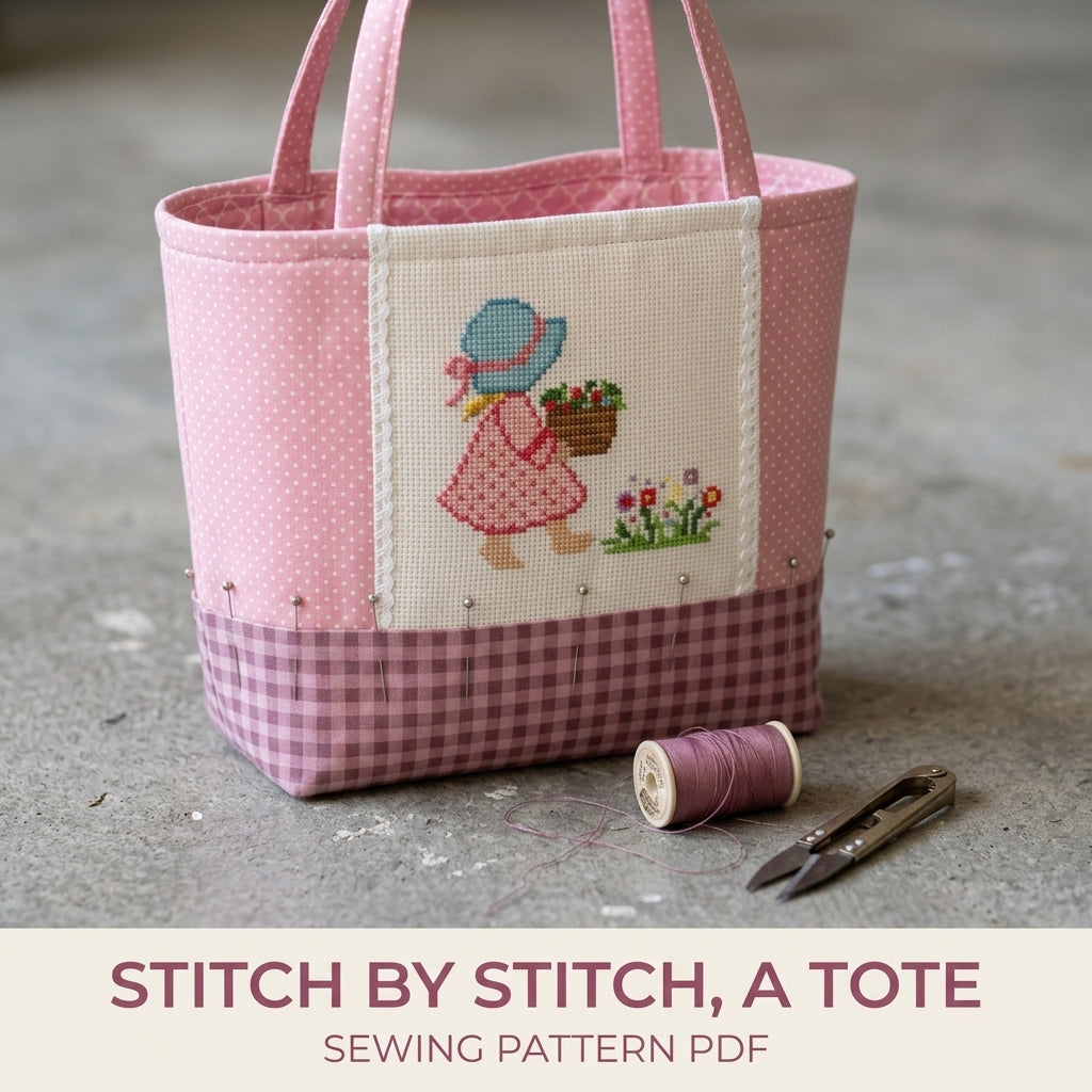 Sunbonnet Girl Cross-Stitch Tote Sewing Pattern PDF – Small Tote with Stitched Panel