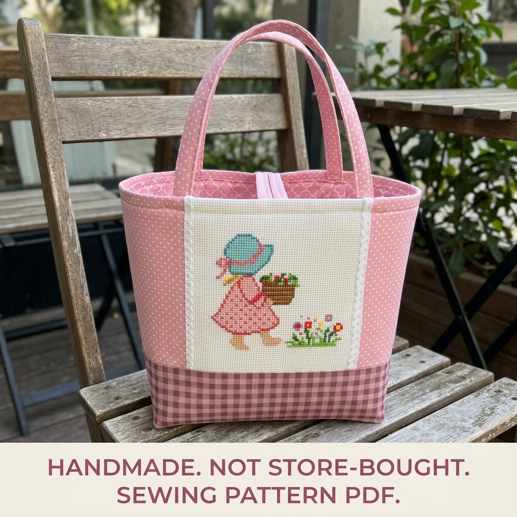 Sunbonnet Girl Cross-Stitch Tote Sewing Pattern PDF – Small Tote with Stitched Panel