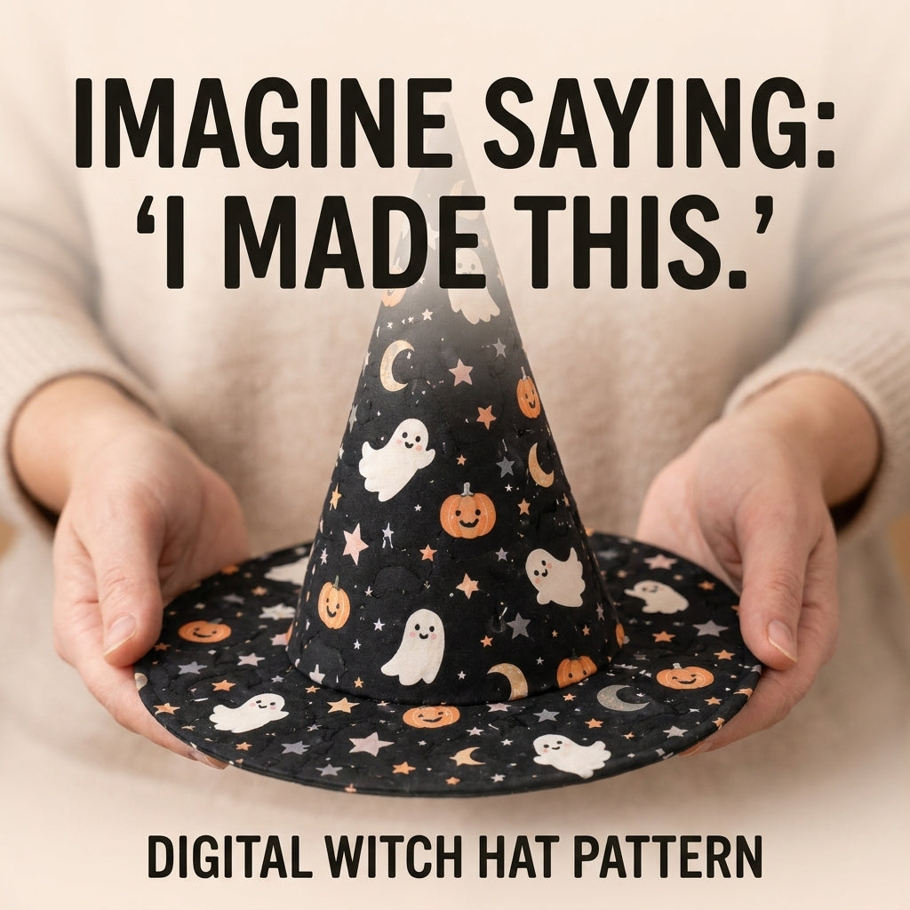 Quilted Witch Hat Table Topper PDF Sewing Pattern | Free-Standing Halloween Centrepiece with Bendy Tip | Black Cat Patchwork | Instant Download