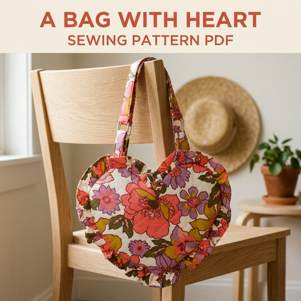 Floral Ruffle Heart Bag Sewing Pattern PDF – Quilted Heart Shoulder Bag with Ruffle