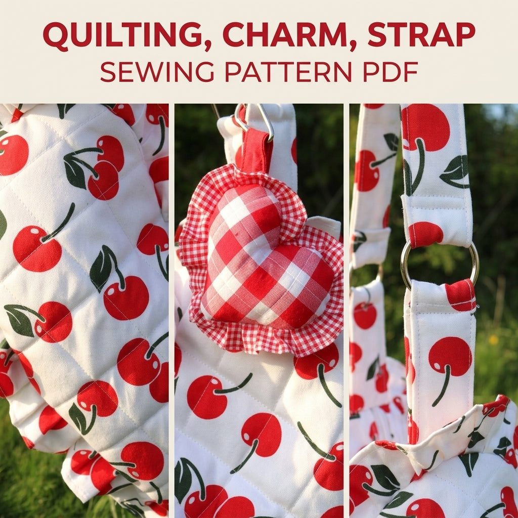 Cherry Quilted Heart Bag Sewing Pattern PDF – Heart Shoulder Bag with Ruffle and Charm