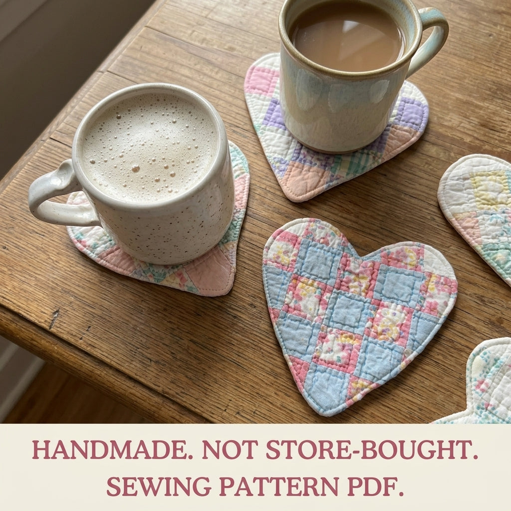 Patchwork Heart Coasters Sewing Pattern PDF – Quilted Heart Mug Rugs from Scraps