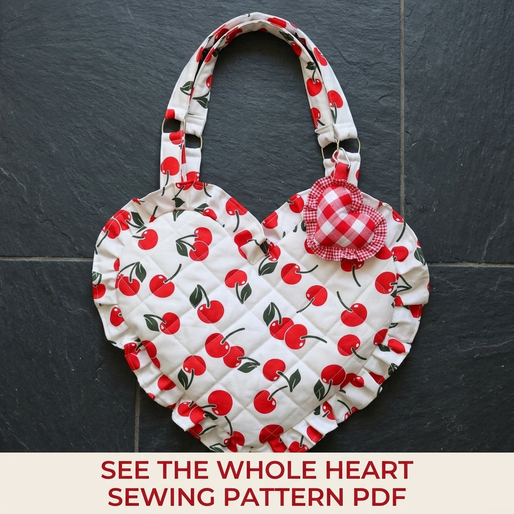 Cherry Quilted Heart Bag Sewing Pattern PDF – Heart Shoulder Bag with Ruffle and Charm