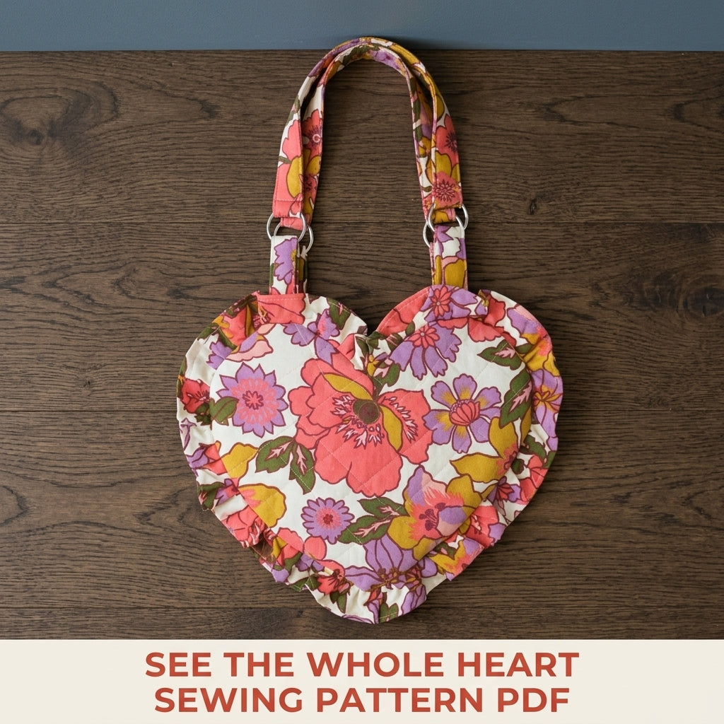 Floral Ruffle Heart Bag Sewing Pattern PDF – Quilted Heart Shoulder Bag with Ruffle