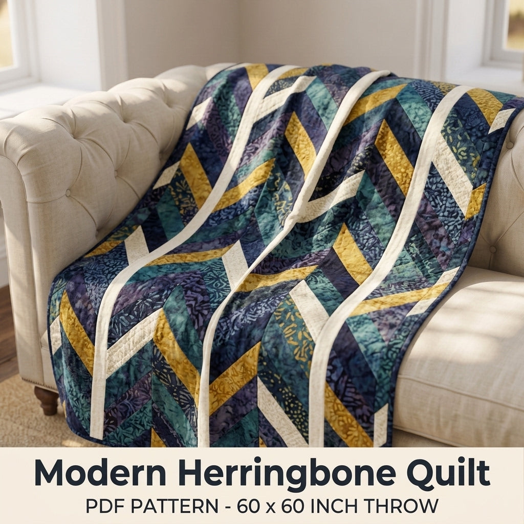Modern Herringbone Quilt Pattern PDF – Strip Pieced Throw Quilt with Batik Chevrons