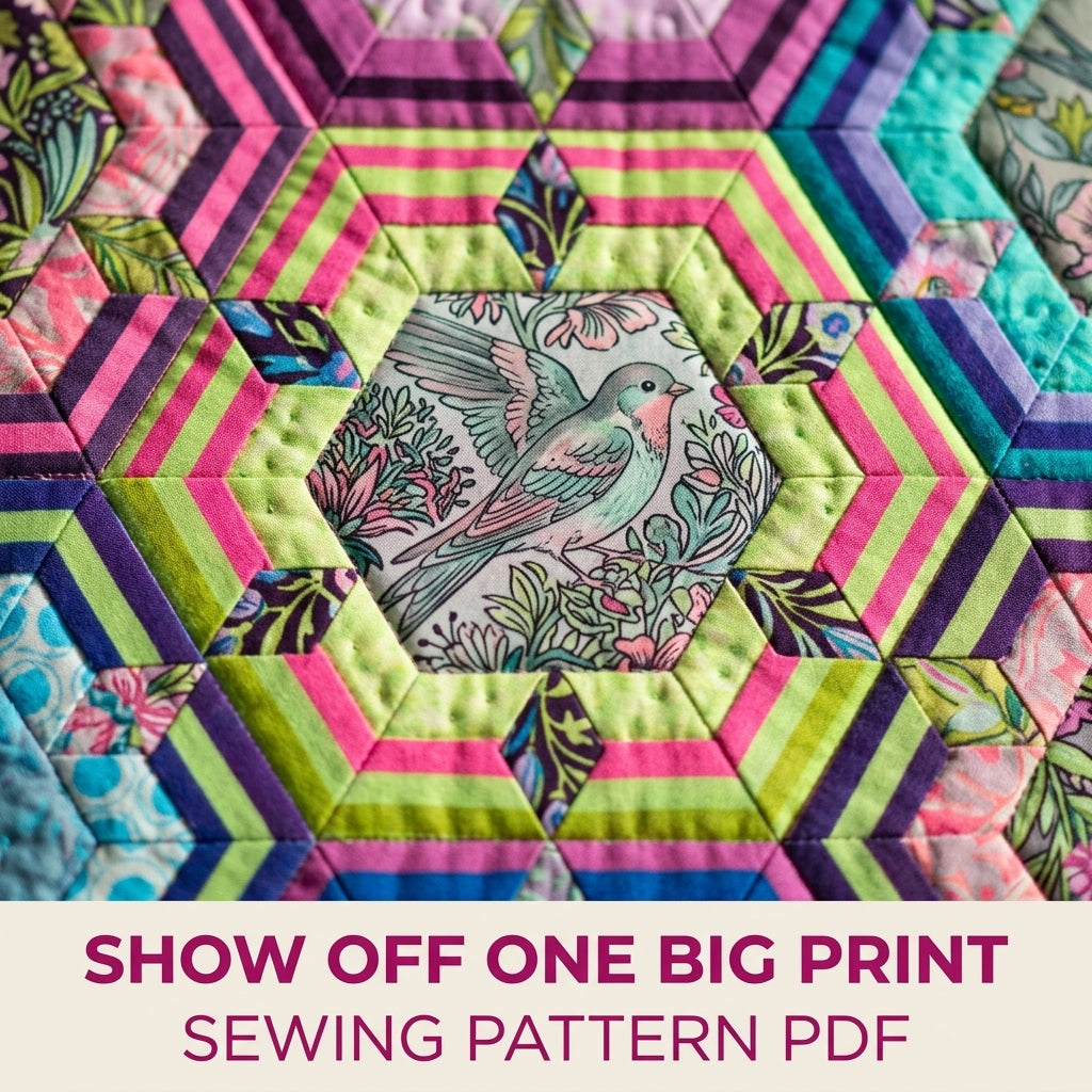 Framed Hexagon Feature Quilt Pattern PDF – Fussy Cut Hexagon Quilt for Big Prints