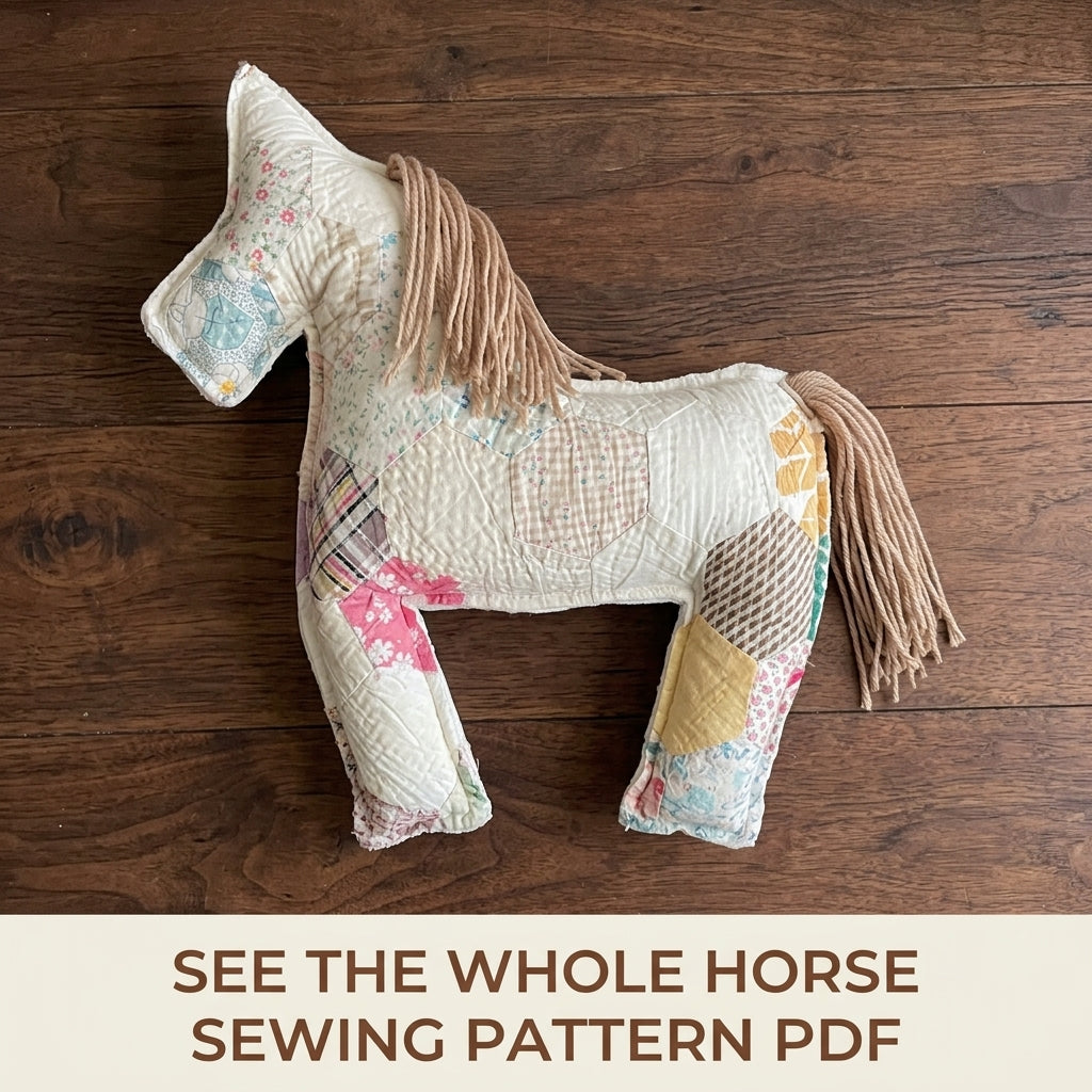 Patchwork Quilt Horse Sewing Pattern PDF – Stuffed Horse from Old Quilt Scraps