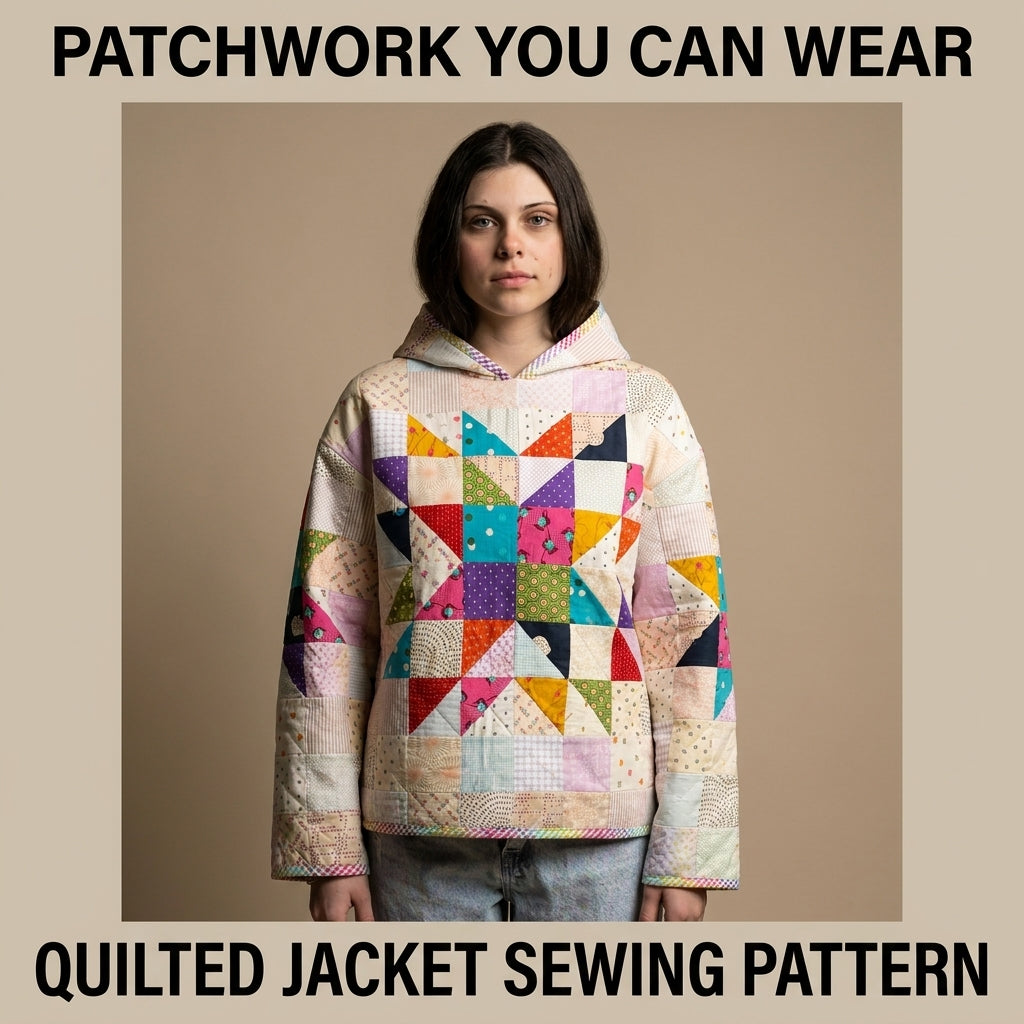Quilted Hoodie Sewing Pattern — Pullover Patchwork Hoodie with Star Block, Sizes XS–3XL, A0 and A4 PDF