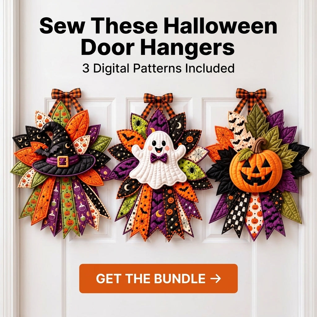 Halloween Door Hanger Patterns — 3 Quilted Fabric Designs in One PDF, Witch Hat, Ghost and Pumpkin, Beginner Friendly