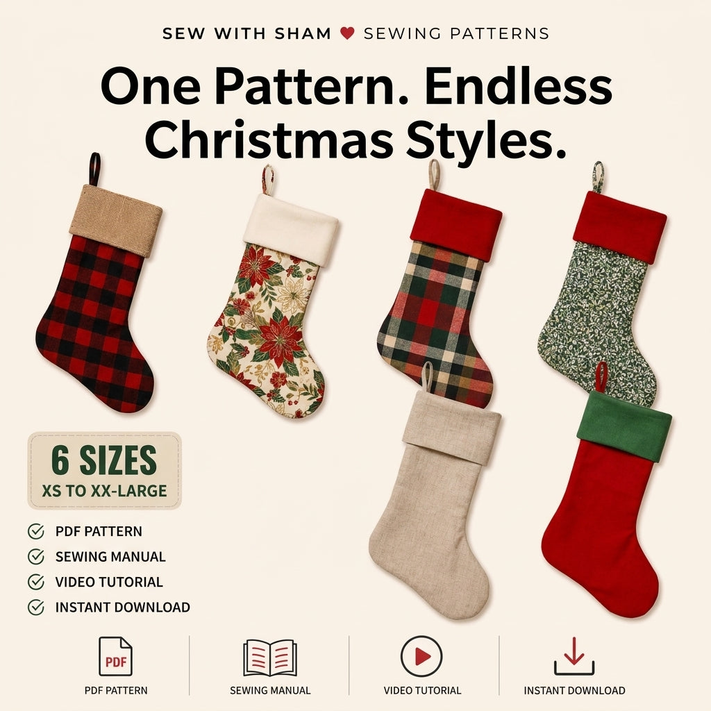 Fold-Over Christmas Stocking PDF Sewing Pattern | 6 Sizes XS to XXL | Lined Cuffed Stocking | Instant Download