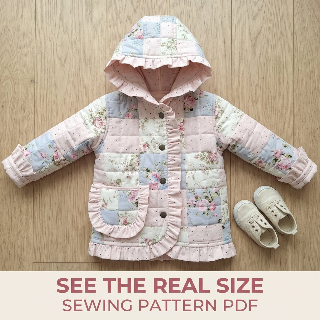 Kids Ruffle Patchwork Quilted Jacket Sewing Pattern PDF – Girls Hooded Quilt Coat