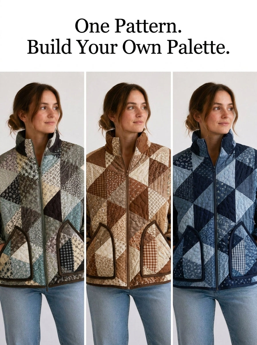 Patchwork Bomber Jacket Sewing Pattern — Quilted Zip Jacket with Funnel Collar, Sizes XS–3XL, A0 and A4 PDF