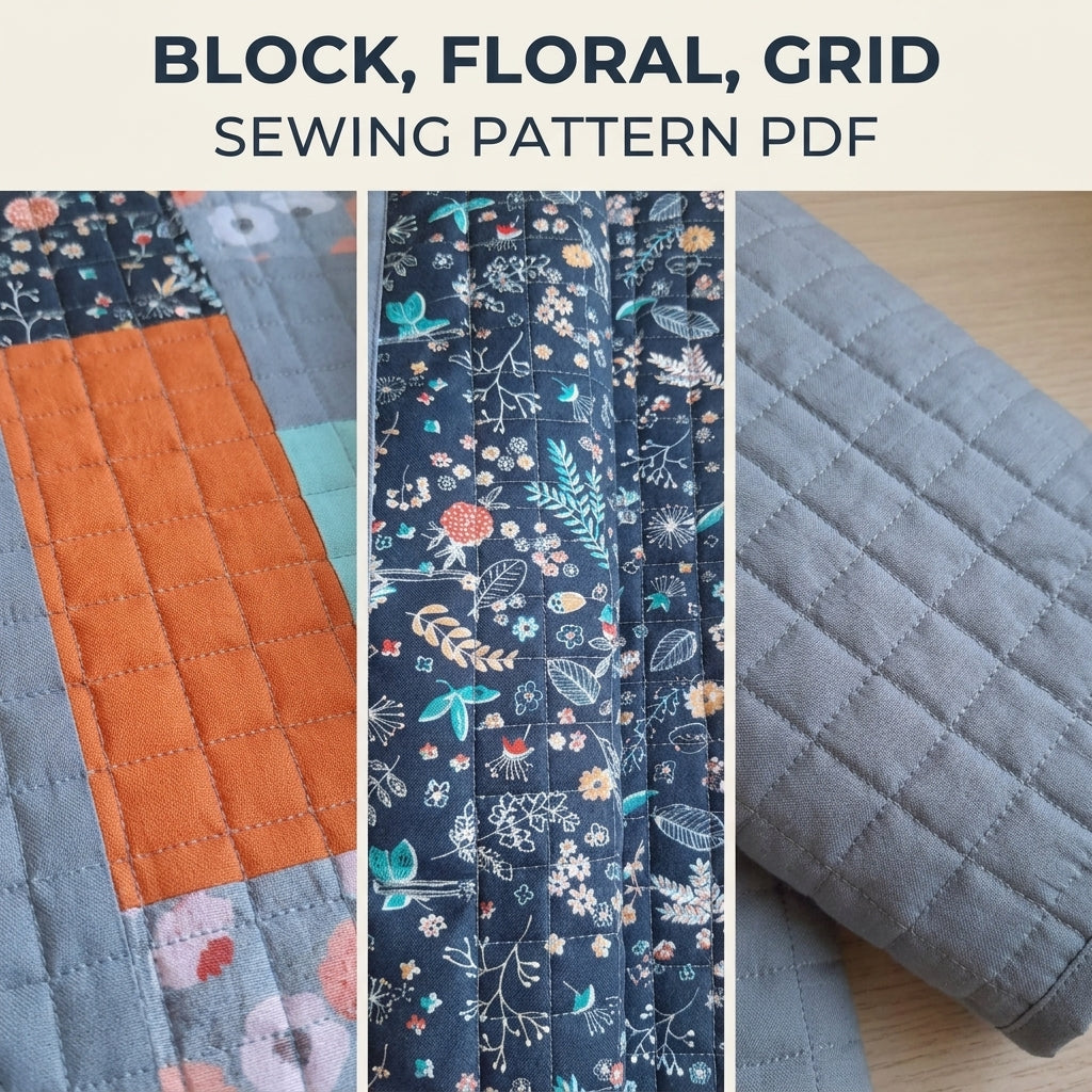 Grey Patchwork Quilted Jacket Sewing Pattern PDF – Modern Quilted Coat