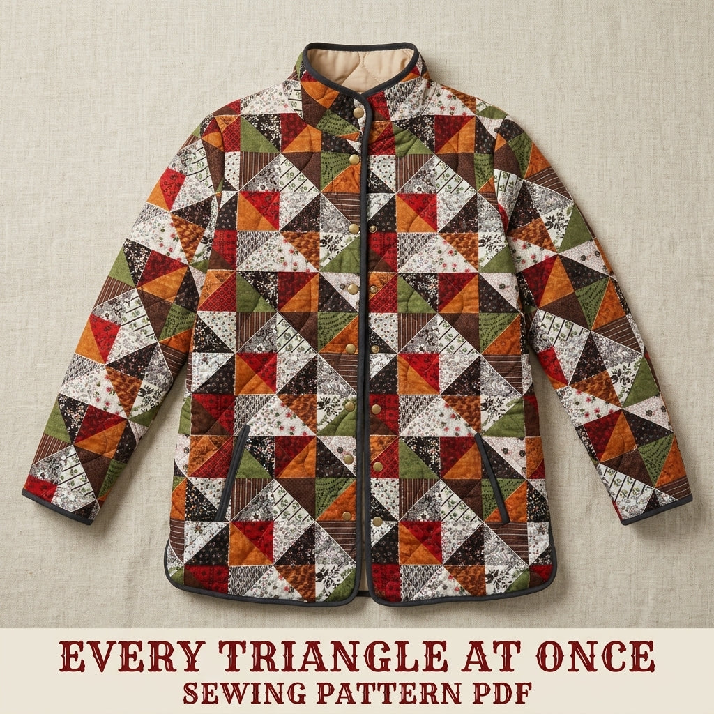 Triangle Patchwork Quilted Jacket Sewing Pattern PDF – Half-Square Triangle Quilt Coat with Stand Collar