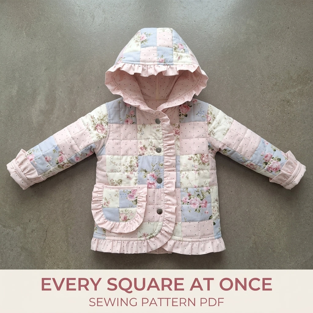 Kids Ruffle Patchwork Quilted Jacket Sewing Pattern PDF – Girls Hooded Quilt Coat
