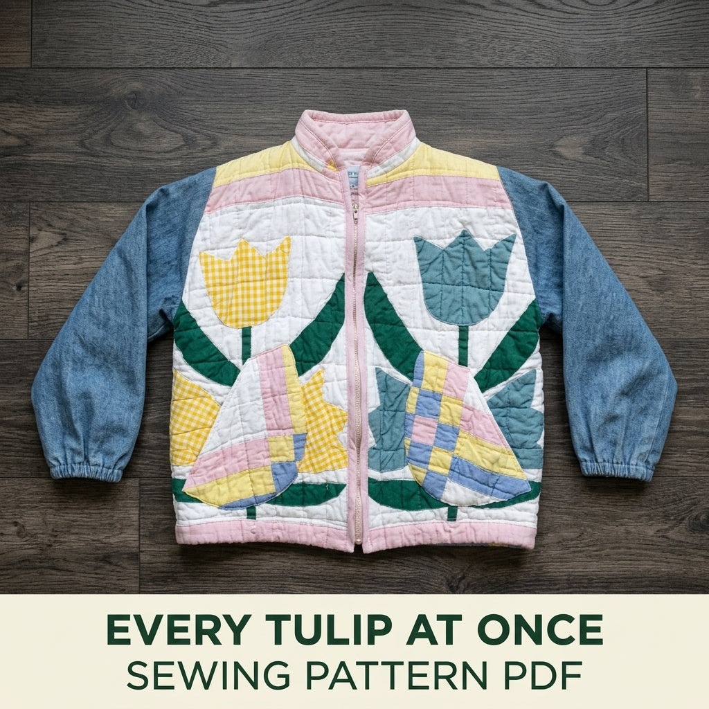 Kids Tulip Quilt Jacket Sewing Pattern PDF – Children's Quilted Zip Jacket with Denim Sleeves
