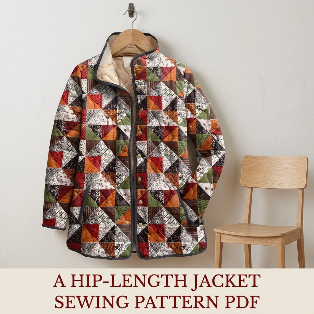 Triangle Patchwork Quilted Jacket Sewing Pattern PDF – Half-Square Triangle Quilt Coat with Stand Collar