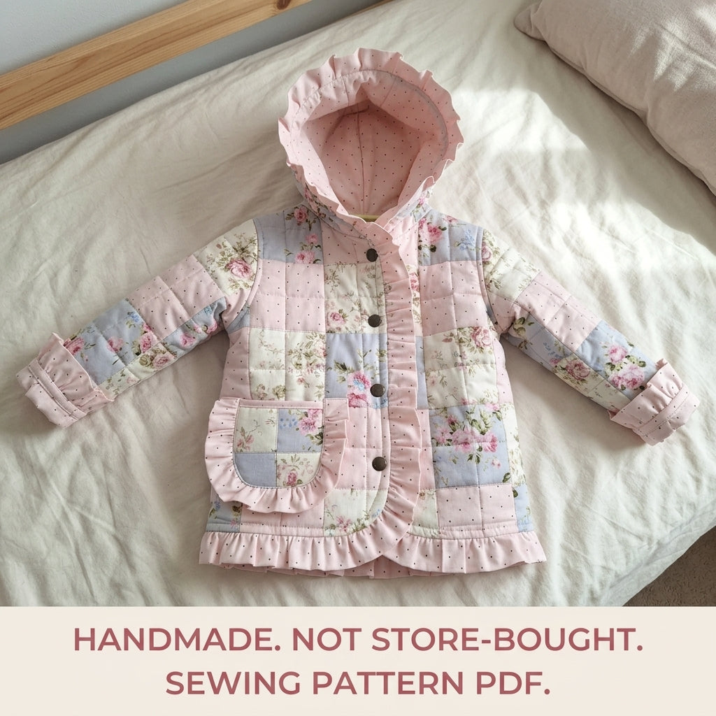 Kids Ruffle Patchwork Quilted Jacket Sewing Pattern PDF – Girls Hooded Quilt Coat