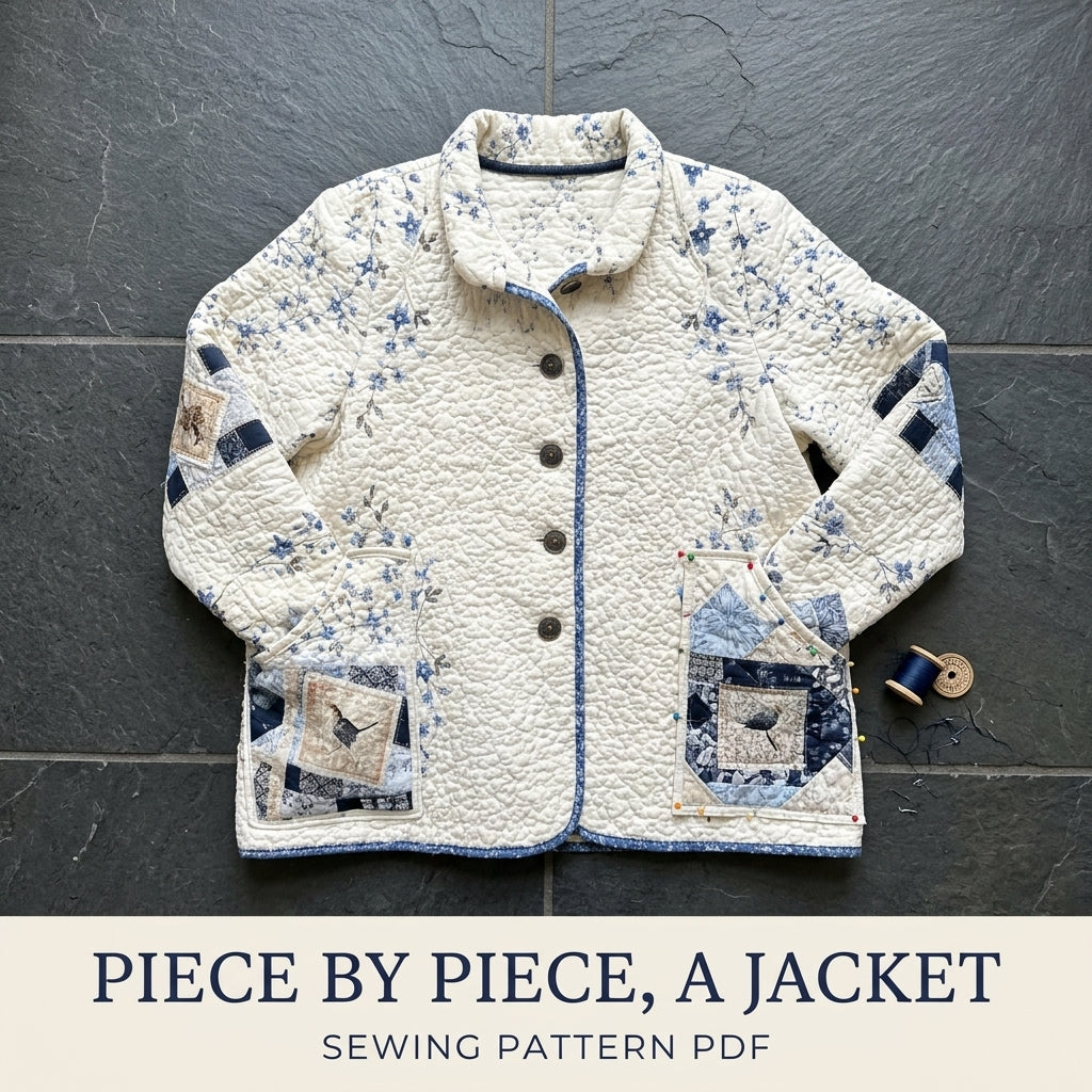 Blue Vine Patchwork Quilt Jacket Sewing Pattern PDF – Relaxed Quilted Jacket