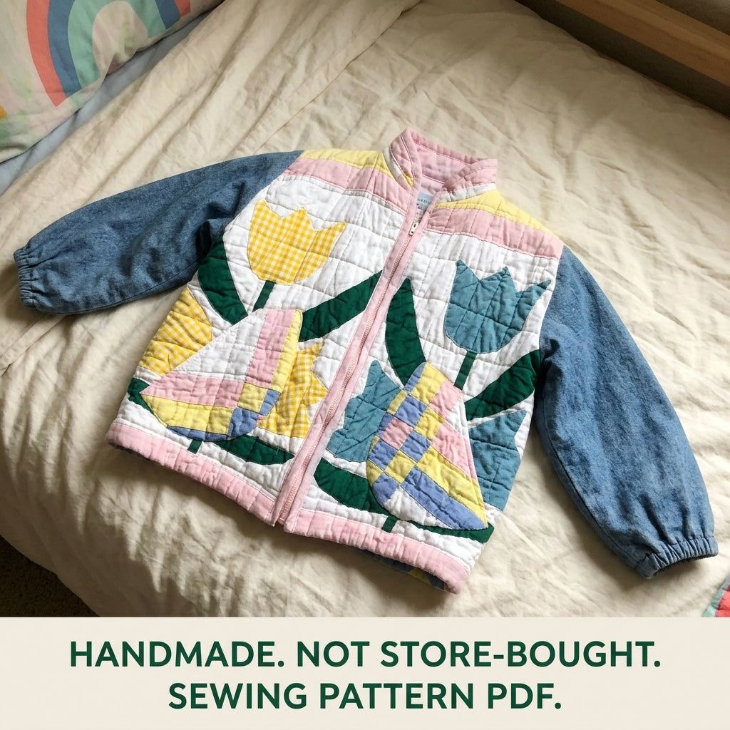 Kids Tulip Quilt Jacket Sewing Pattern PDF – Children's Quilted Zip Jacket with Denim Sleeves